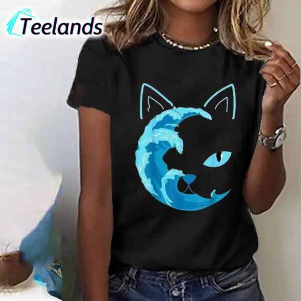 Blue Wave And Cat Print Shirt 1