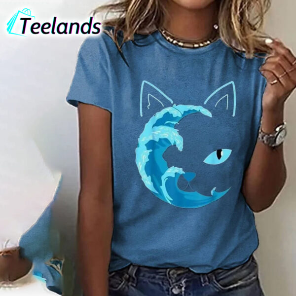 Blue Wave And Cat Print Shirt