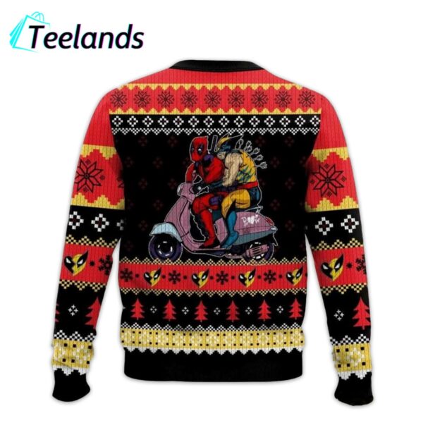 Deadpool And Wolverine Besties Ride A Motorbike Ugly Christmas Sweater