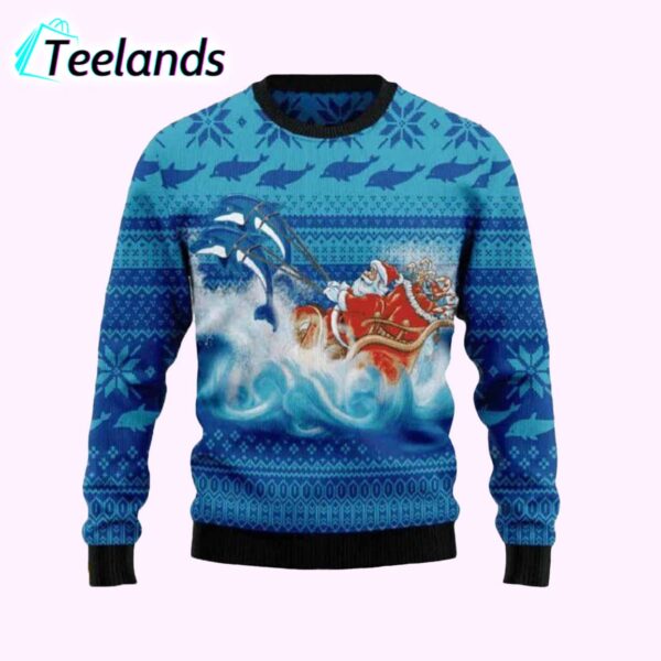 Dolphin Riding The Waves With Santa Ugly Christmas Sweater