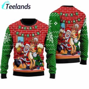 Funny Santa Drink Beer With Reindeer Ugly Christmas Sweater