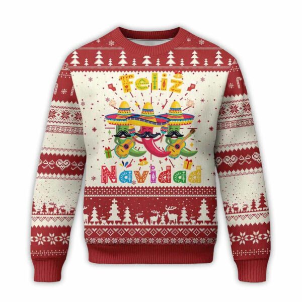 Feliz Navidad Mexican Fiesta Hot Pepper Guitar Ugly Christmas Sweater