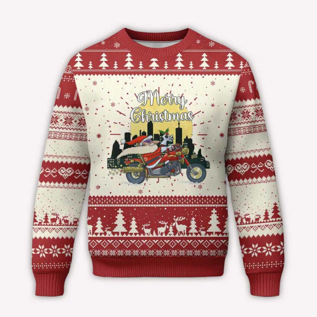 Funny Santa Riding Motorcycle Ugly Christmas Sweater