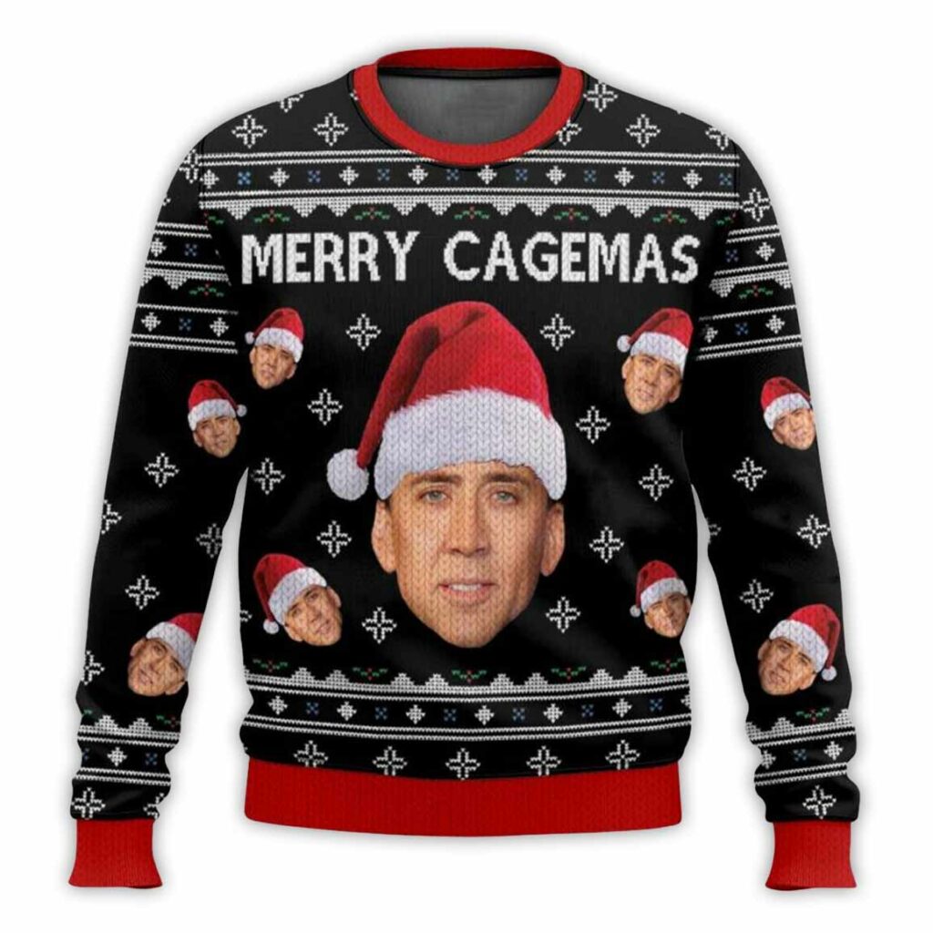 Merry Cagemas Nicolas Cage Ugly Christmas Sweater 1