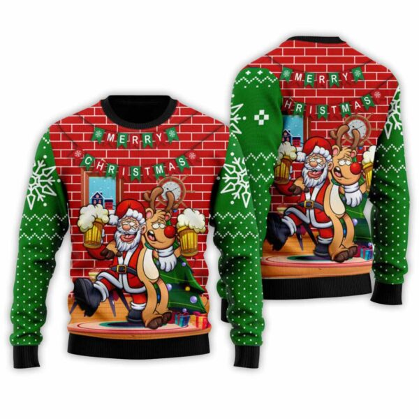 Santa Drink Beer With Reindeer Ugly Christmas Sweater