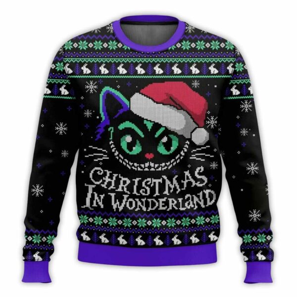 The Cheshire Cat Christmas In Wonderland Ugly Christmas Sweater 1