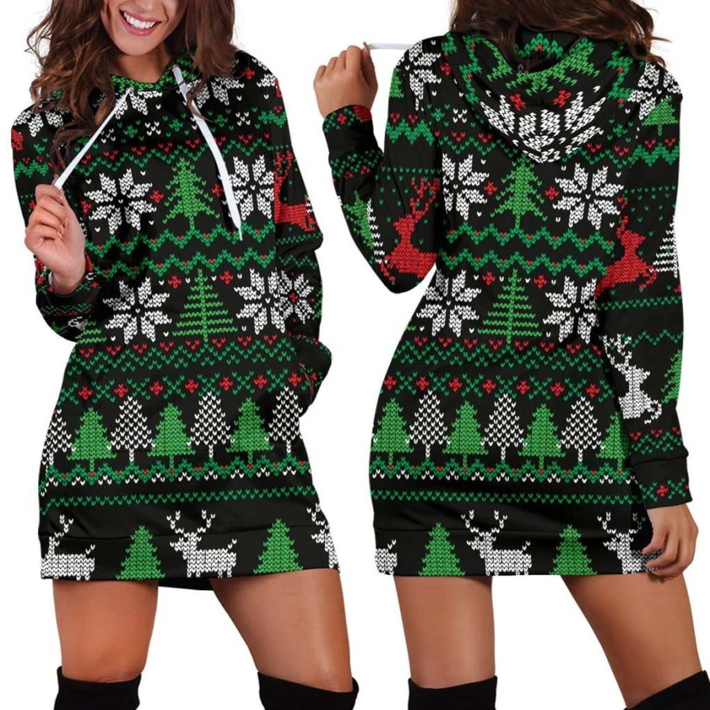 Ugly Christmas Red Green Black Hoodie Dress 1